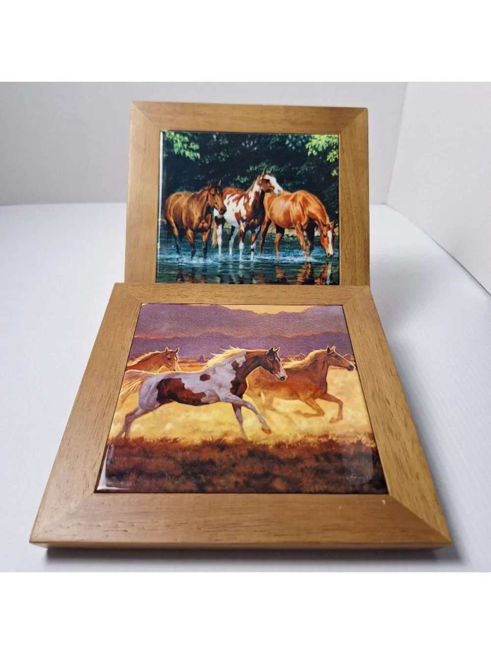 SET OF (2) CYPRESS HOME CERAMIC TRIVET/WALL HANGING RUSTIC WOODEN FRAME HORSES